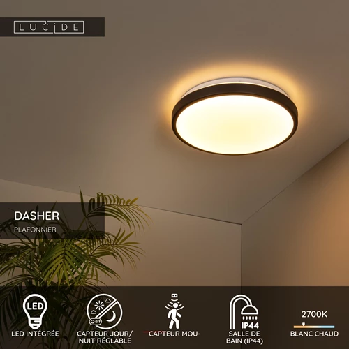 Lucide DASHER - Plafonnier Salle de bains - Ø 34,8 cm - LED - 1x18W 2700K - IP44- Détecteur De Mouvement & Jour/Nuit - Noir - USP